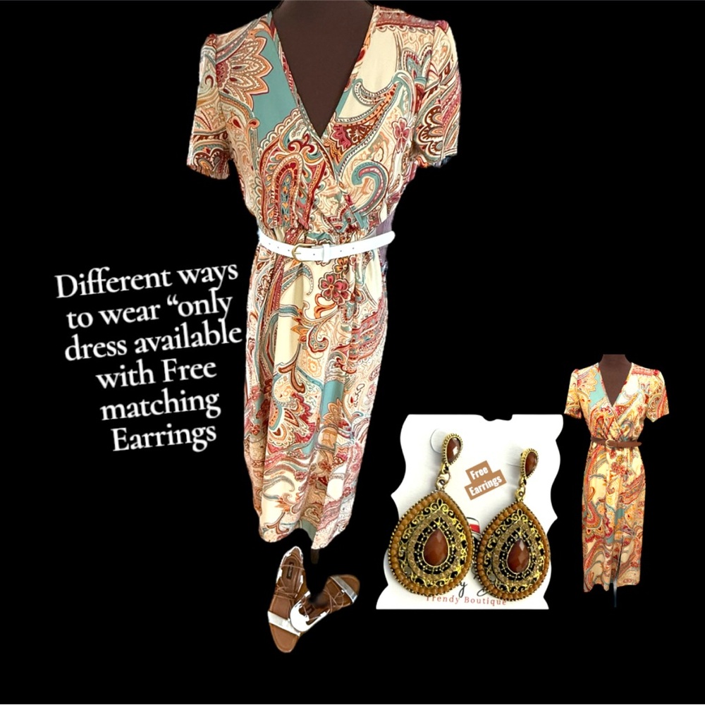 Long Maxi Dress, Paisley Print w/Earrings, Sz S, Travel, Beach, V-Neck, Pool